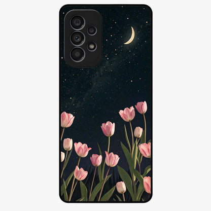 Midnight Tulip Whispers Vibe Glass Case showing flat back view with elegant tulip flower artwork and glossy glass finish.