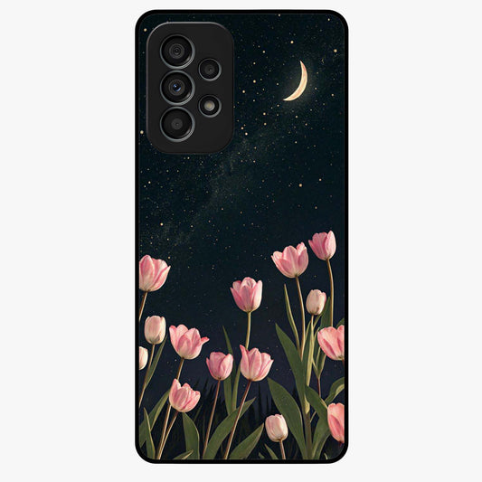 Midnight Tulip Whispers Vibe Glass Case showing flat back view with elegant tulip flower artwork and glossy glass finish.
