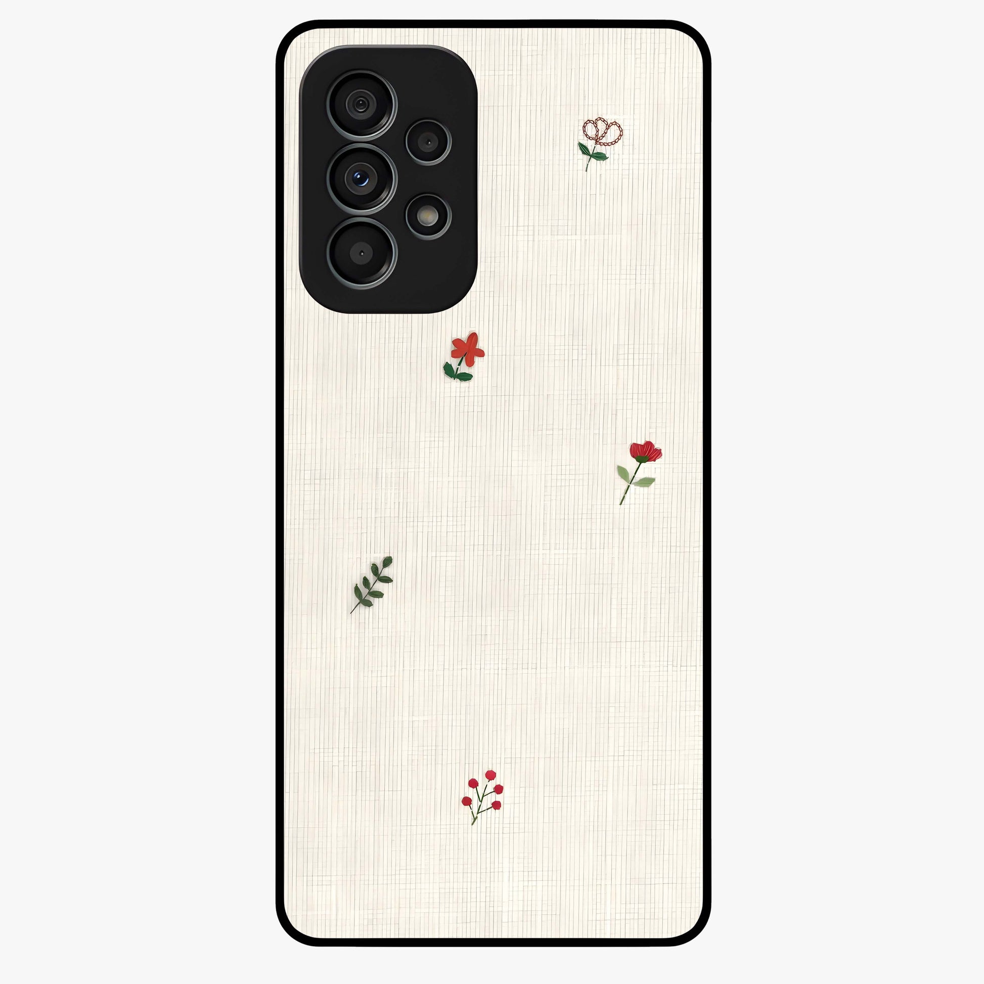 Minimal Petal Whispers Glass Case showing flat back view with soft minimal floral artwork and glossy glass finish.