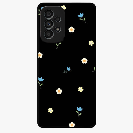 Minimalistic Blue With White Flower Pattern Glass Case showing flat back view with blue background and white flower pattern and glossy glass finish.