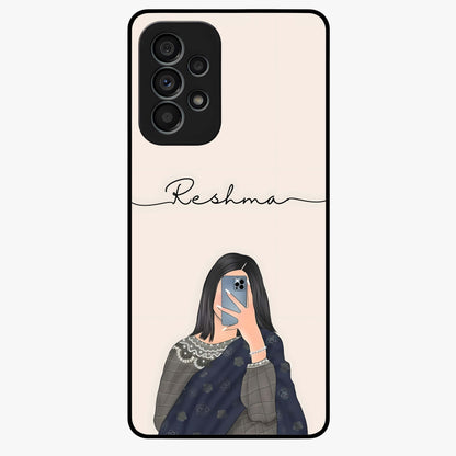 Mirror Mood Muse With Custom Name Glass Case showing flat back view with stylish mirrored artwork and personalized name design.