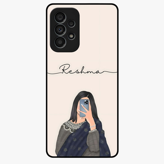 Mirror Mood Muse With Custom Name Glass Case showing flat back view with stylish mirrored artwork and personalized name design.