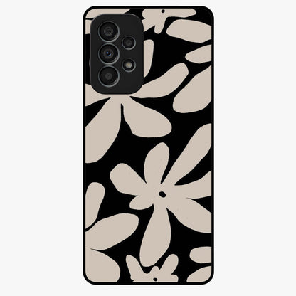Monochrome Petal Dance Glass Case showing flat back view with monochrome floral artwork and glossy glass finish.