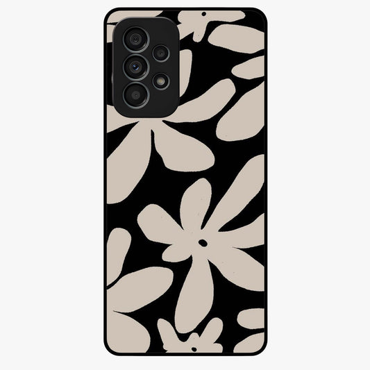 Monochrome Petal Dance Glass Case showing flat back view with monochrome floral artwork and glossy glass finish.