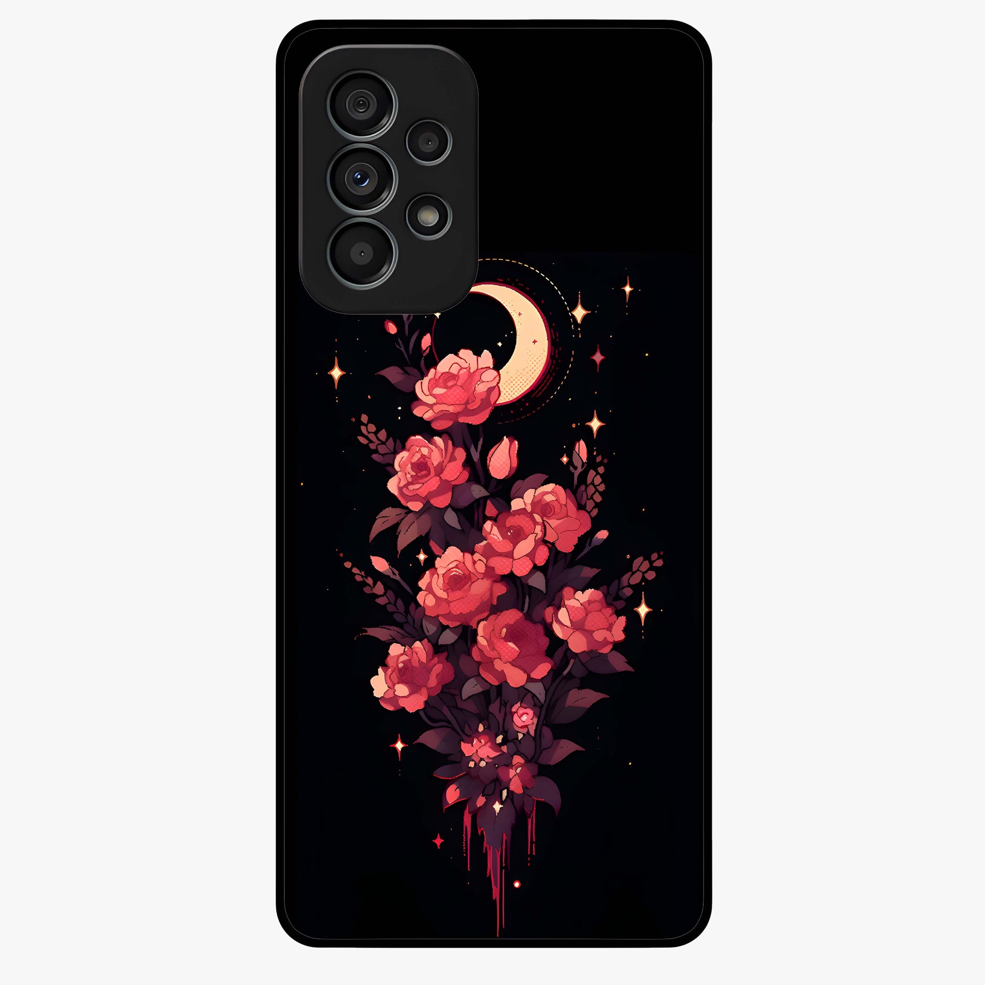 Moonlit Floral Elegance Glass Case showing flat back view with elegant floral artwork under moonlit tones and glossy glass finish.