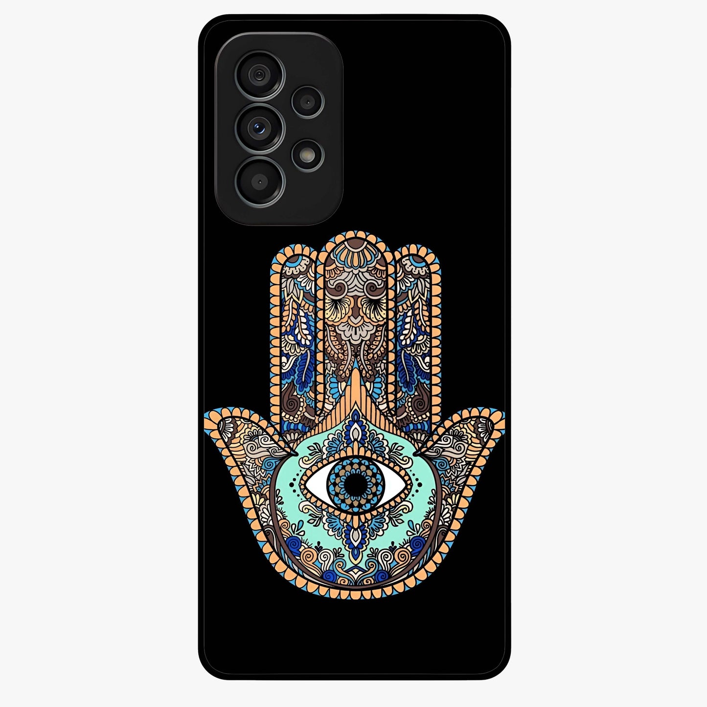 Mystic Hamsa Eye Glass Case showing flat back view with protective hamsa hand and evil eye artwork and glossy glass finish.