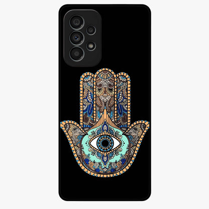 Mystic Hamsa Eye Glass Case showing flat back view with protective hamsa hand and evil eye artwork and glossy glass finish.