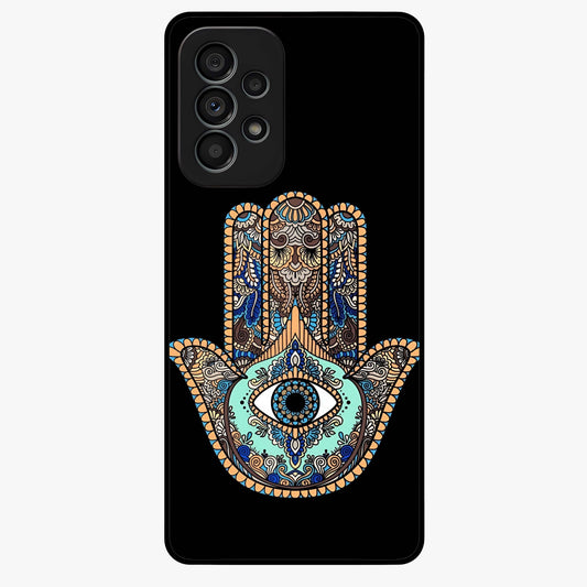 Mystic Hamsa Eye Glass Case showing flat back view with protective hamsa hand and evil eye artwork and glossy glass finish.