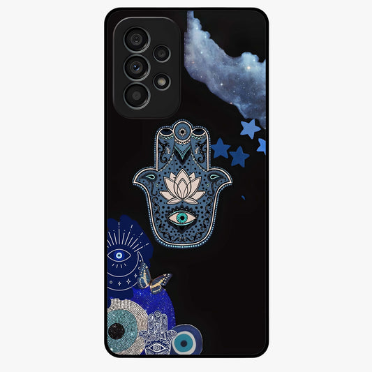 Mystic Hand Aura Glass Case showing flat back view with mystical hand symbol artwork and glossy glass finish.