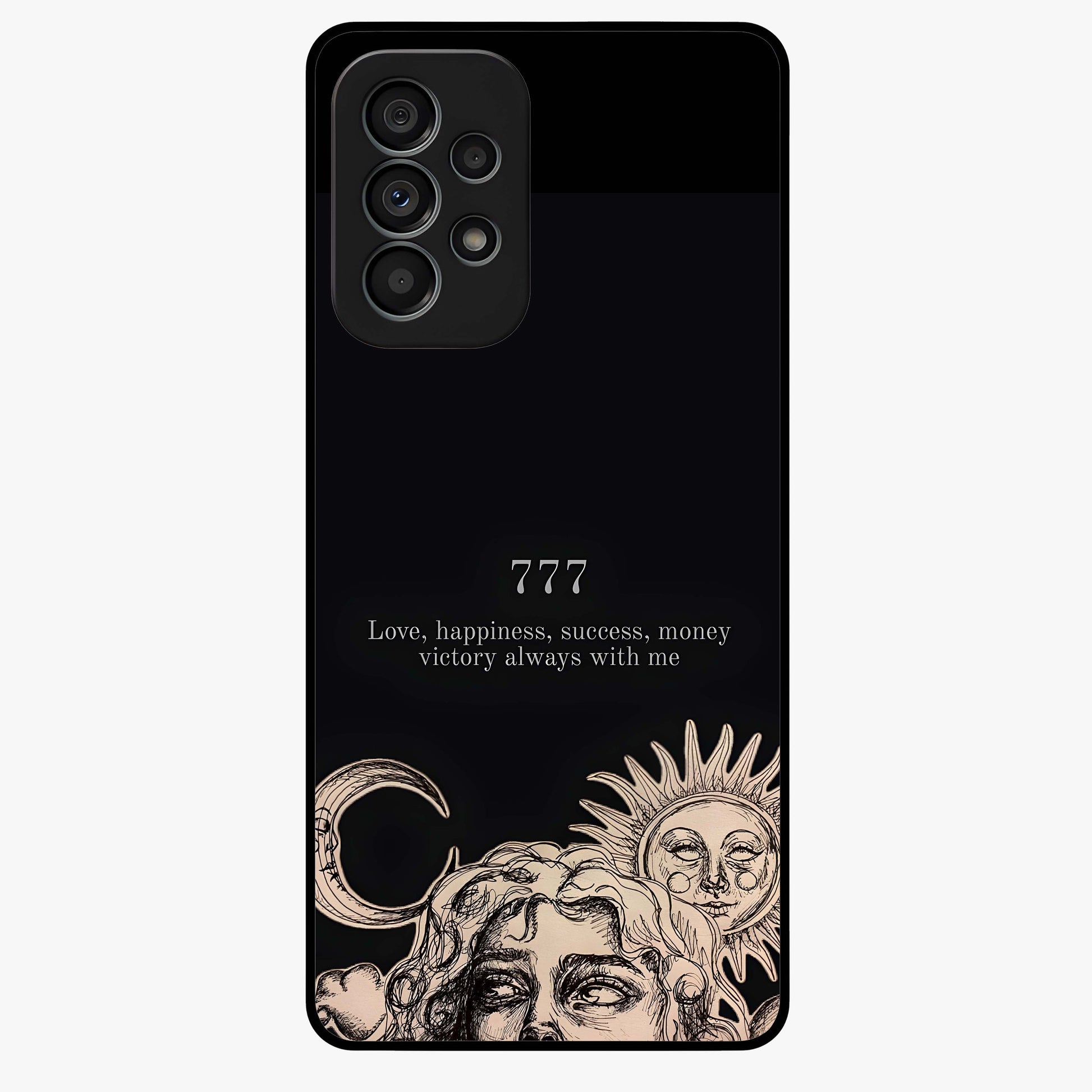 Mystic Victory Aura Glass Case showing flat back view with victory symbol artwork and glossy glass finish.