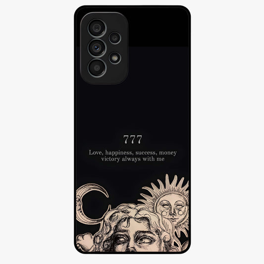 Mystic Victory Aura Glass Case showing flat back view with victory symbol artwork and glossy glass finish.
