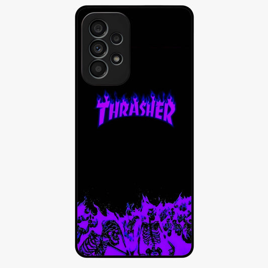 Neon Flame Riot Glass Case showing flat back view with neon flame artwork and glossy glass finish.