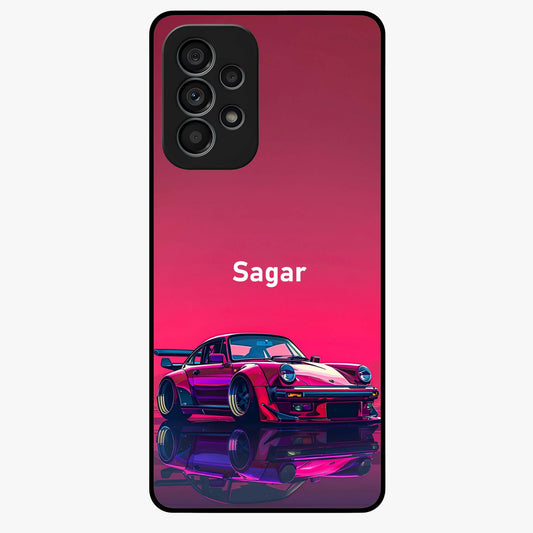 Neon Pink Porsche Glass Case showing flat back view with stylish sports car artwork and glossy glass finish.