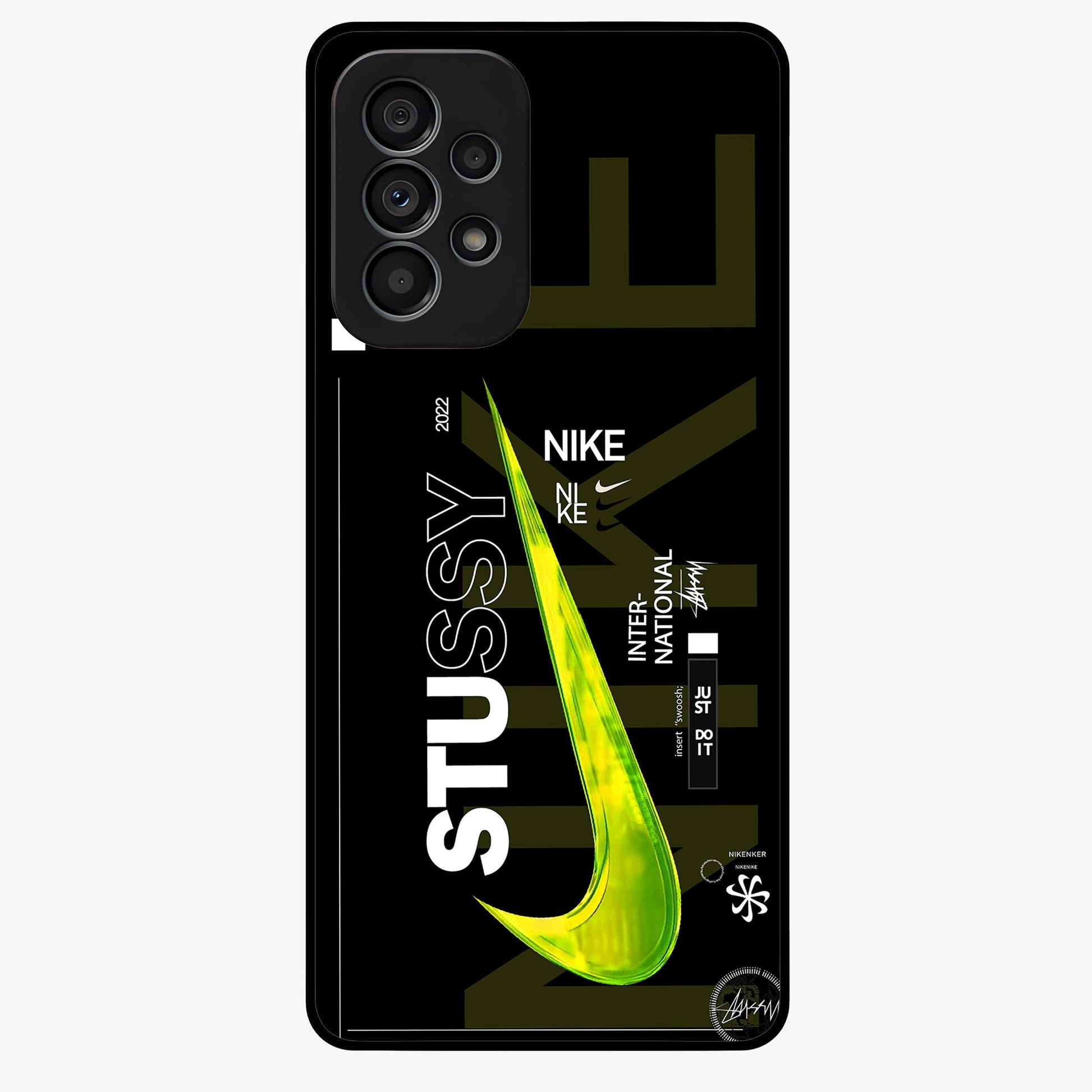 Neon Street Edition Glass Case showing flat back view with neon street style artwork and glossy glass finish.
