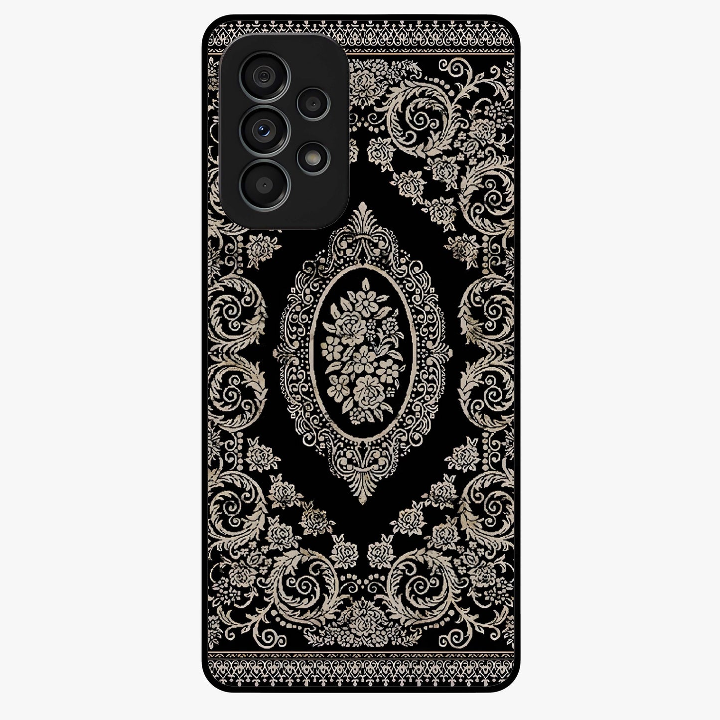 Noir Bloom Elegance Glass Case showing flat back view with elegant dark floral artwork and glossy glass finish.