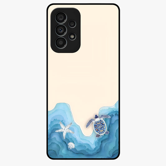 Ocean Drift Turtle Glass Case showing flat back view with sea turtle artwork and glossy glass finish.