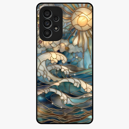 Oceanic Stained Printed Glass Case showing flat back view with ocean inspired stained pattern artwork and glossy glass finish.