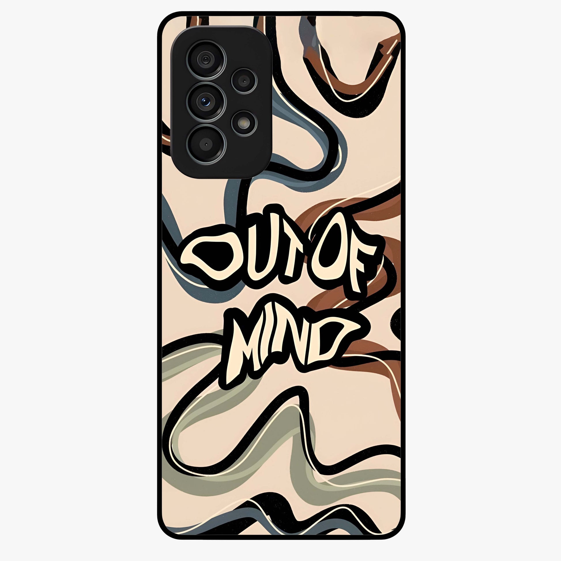 Out Of Mind Glass Case showing flat back view with expressive typography artwork and glossy glass finish.