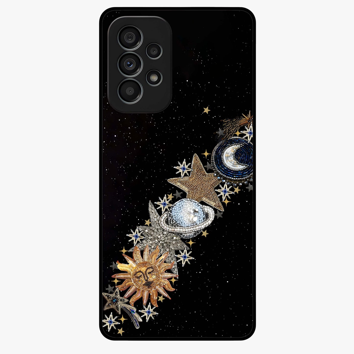 Pearls Universe Object Glass Case showing flat back view with pearl inspired cosmic artwork and glossy glass finish.