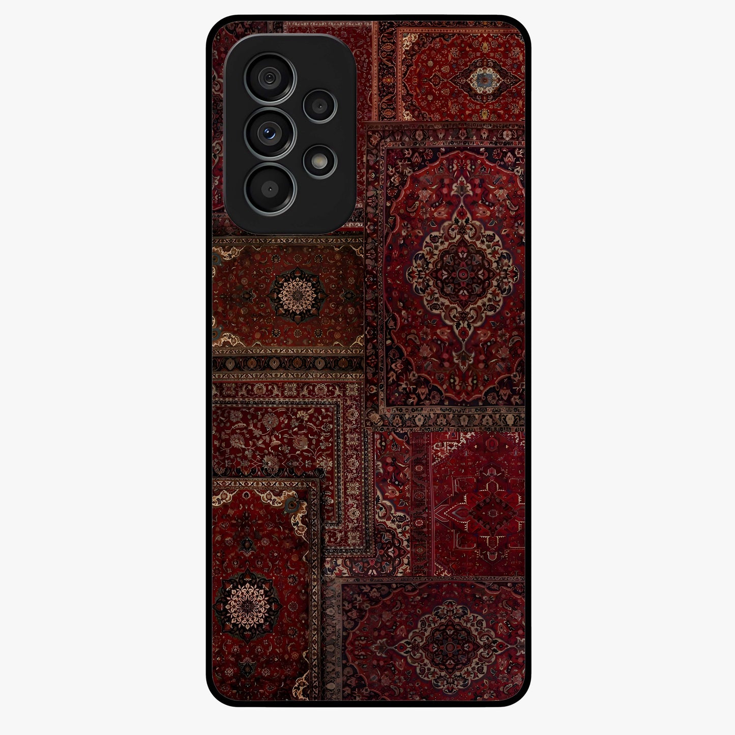 Persian Velvet Tale Glass Case showing flat back view with luxurious Persian velvet pattern artwork and glossy glass finish.