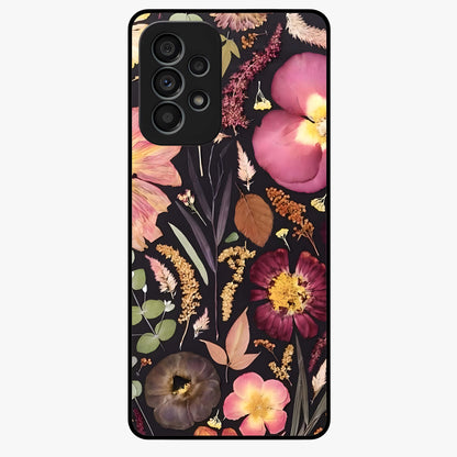 Petal Dream Tapestry Glass Case showing flat back view with intricate floral tapestry artwork and glossy glass finish.