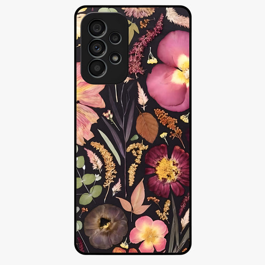 Petal Dream Tapestry Glass Case showing flat back view with intricate floral tapestry artwork and glossy glass finish.