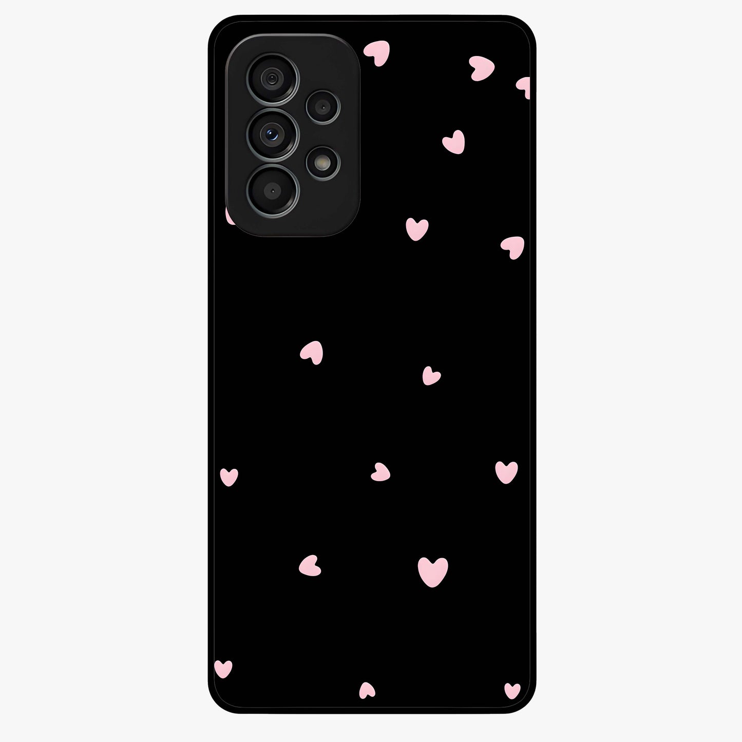 Pink Love Drops Glass Case showing flat back view with playful pink heart drops artwork and glossy glass finish.