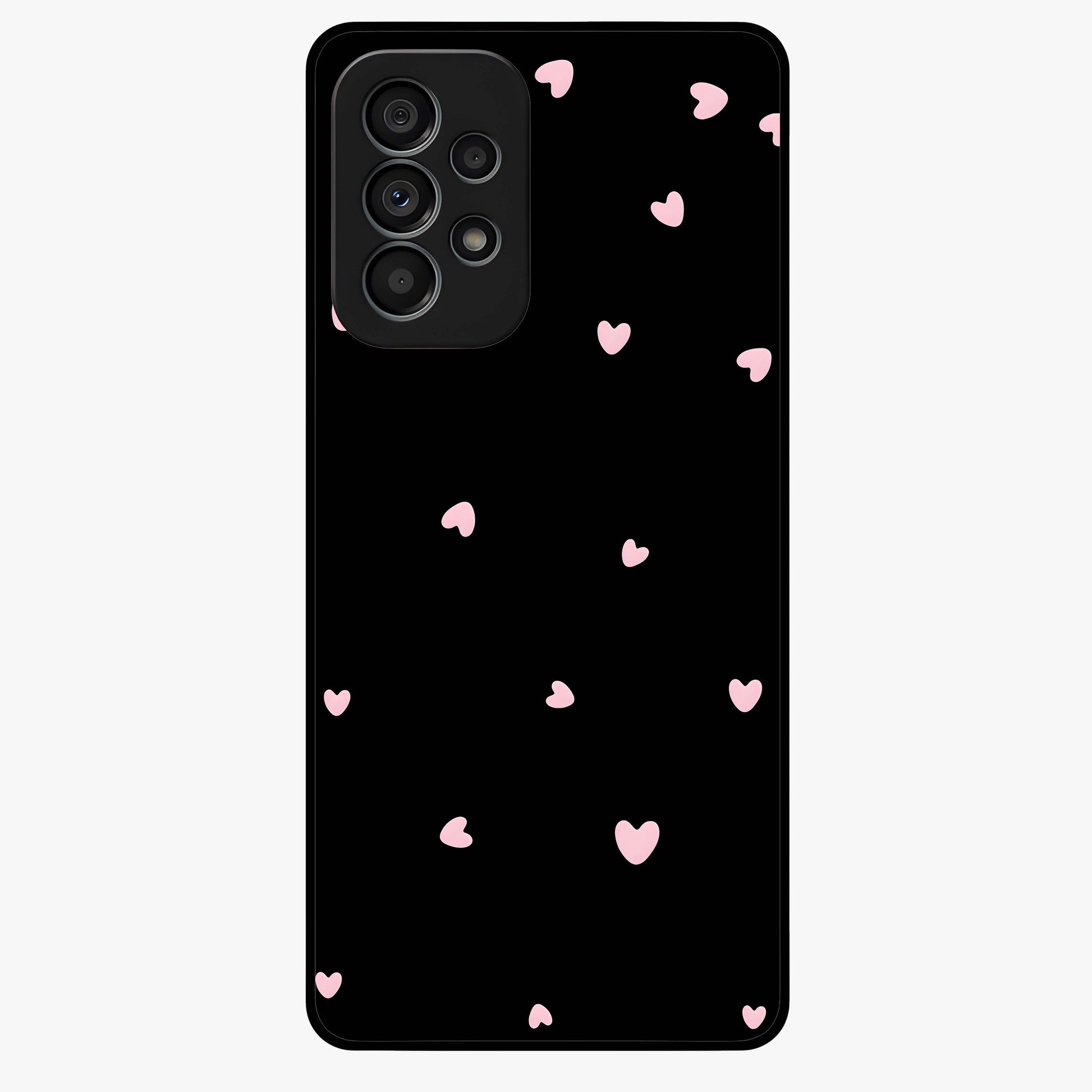 Pink Love Drops Glass Case showing flat back view with playful pink heart drops artwork and glossy glass finish.