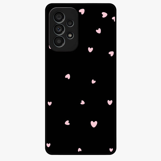 Pink Love Drops Glass Case showing flat back view with playful pink heart drops artwork and glossy glass finish.