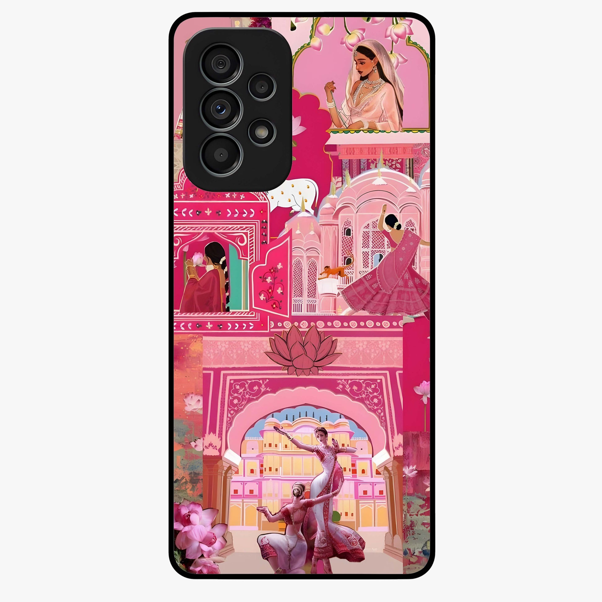 Pink Palace Muse Glass Case showing flat back view with elegant palace inspired artwork and glossy glass finish.