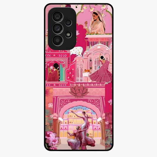 Pink Palace Muse Glass Case showing flat back view with elegant palace inspired artwork and glossy glass finish.