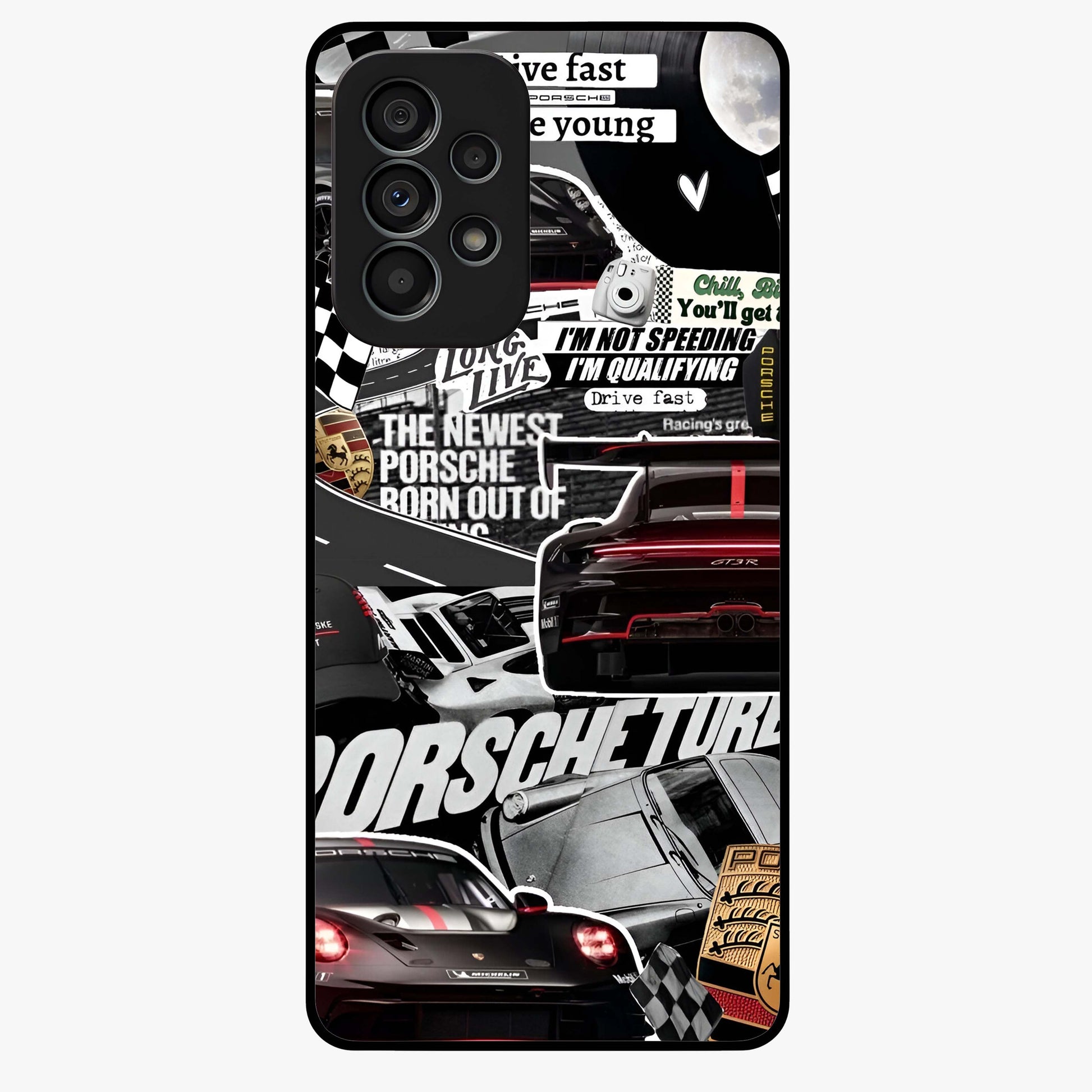 Porsche Racing Collage Glass Case showing flat back view with sports car racing collage artwork and glossy glass finish.