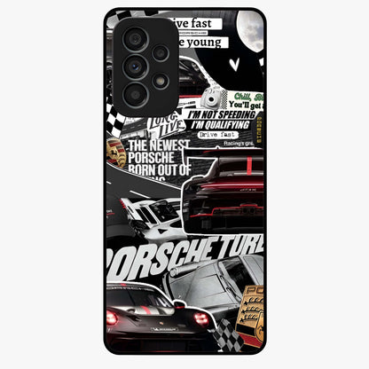 Porsche Racing Collage Glass Case showing flat back view with sports car racing collage artwork and glossy glass finish.