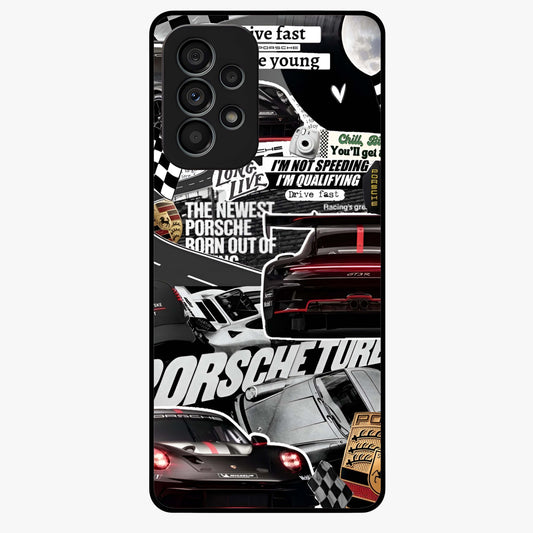 Porsche Racing Collage Glass Case showing flat back view with sports car racing collage artwork and glossy glass finish.