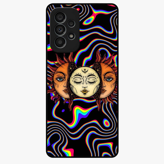Psychedelic Sun Glass Case showing flat back view with colorful psychedelic sun artwork and glossy glass finish.