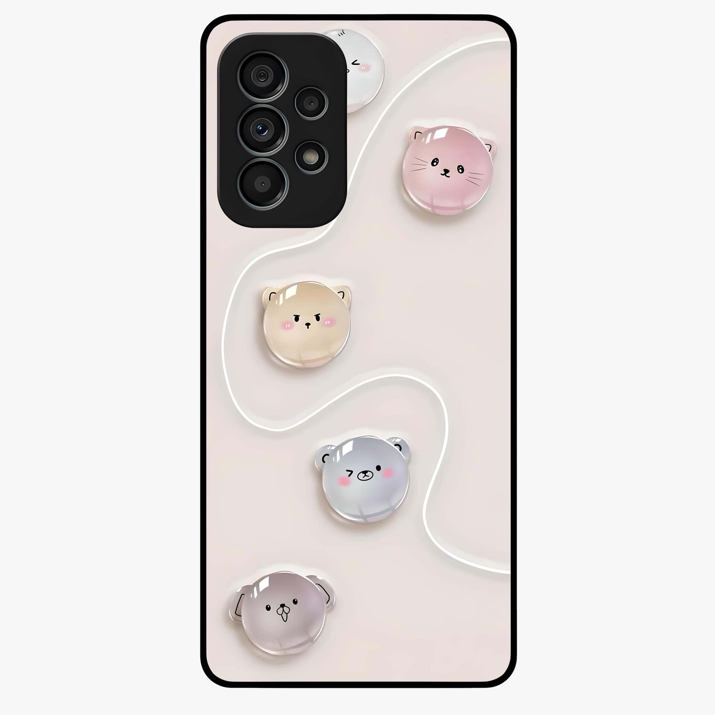 Puffy Face Parade Glass Case showing flat back view with cute puffy character faces artwork and glossy glass finish.