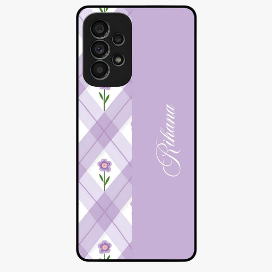 Purple Diamond Floral Glass Case showing flat back view with diamond shaped floral artwork and glossy glass finish.