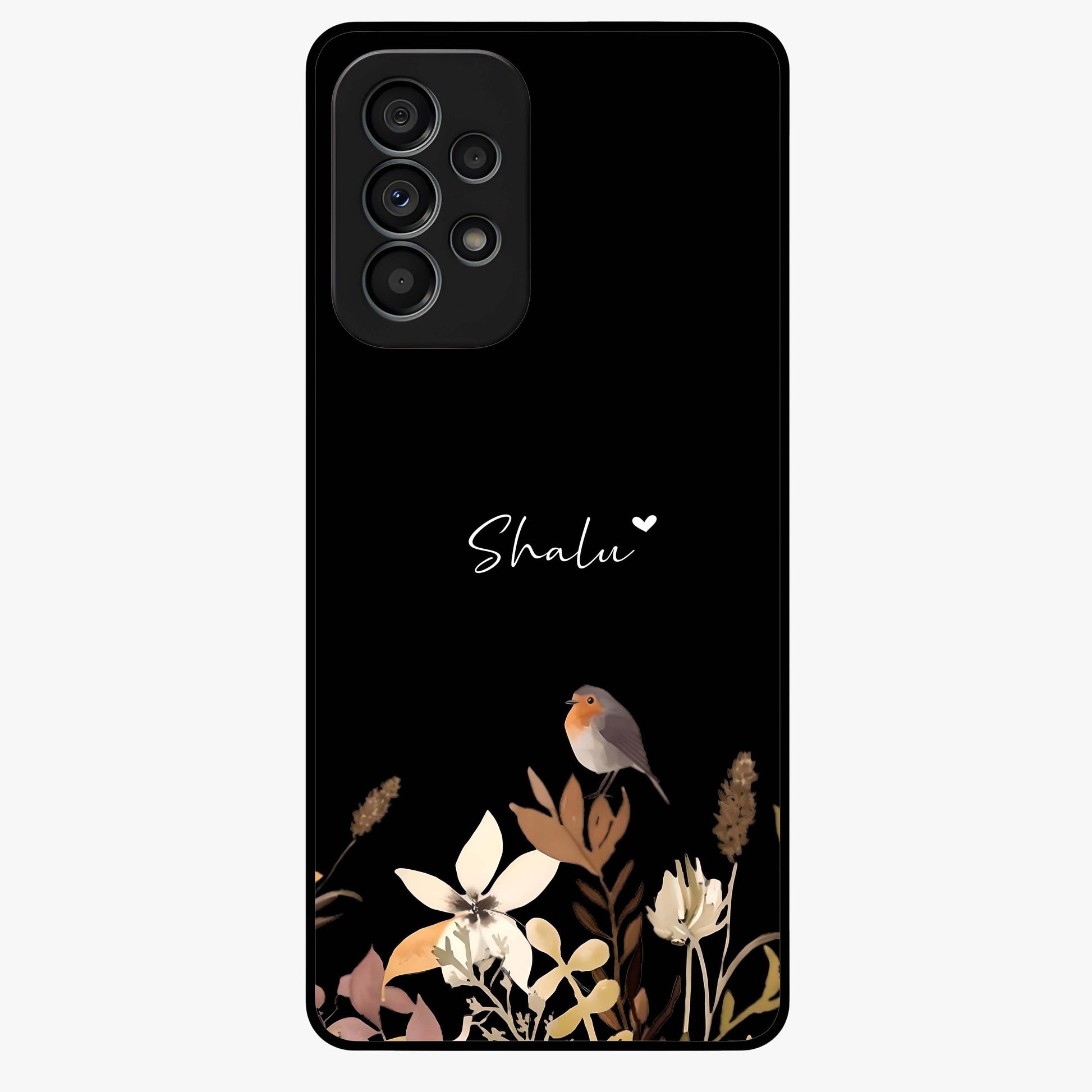 Quiet Garden Tune Custom Name Glass Case showing flat back view with peaceful garden artwork and personalized name design.
