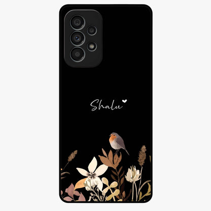 Quiet Garden Tune Custom Name Glass Case showing flat back view with peaceful garden artwork and personalized name design.