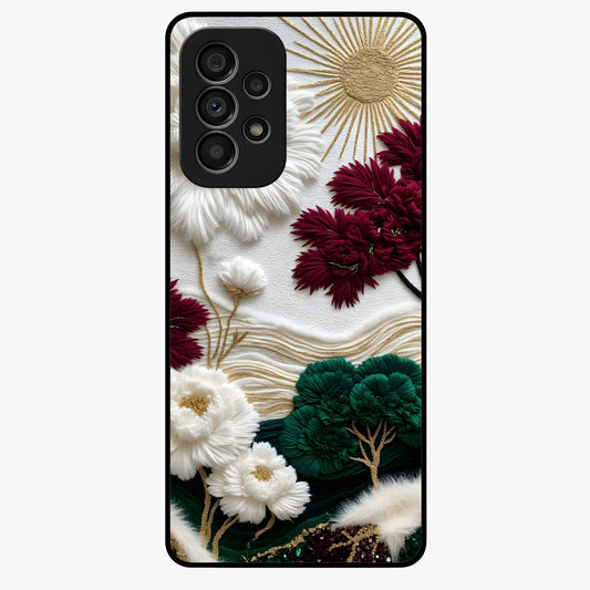Radiant Bloom Elegance Glass Case showing flat back view with elegant blooming flower artwork and glossy glass finish.