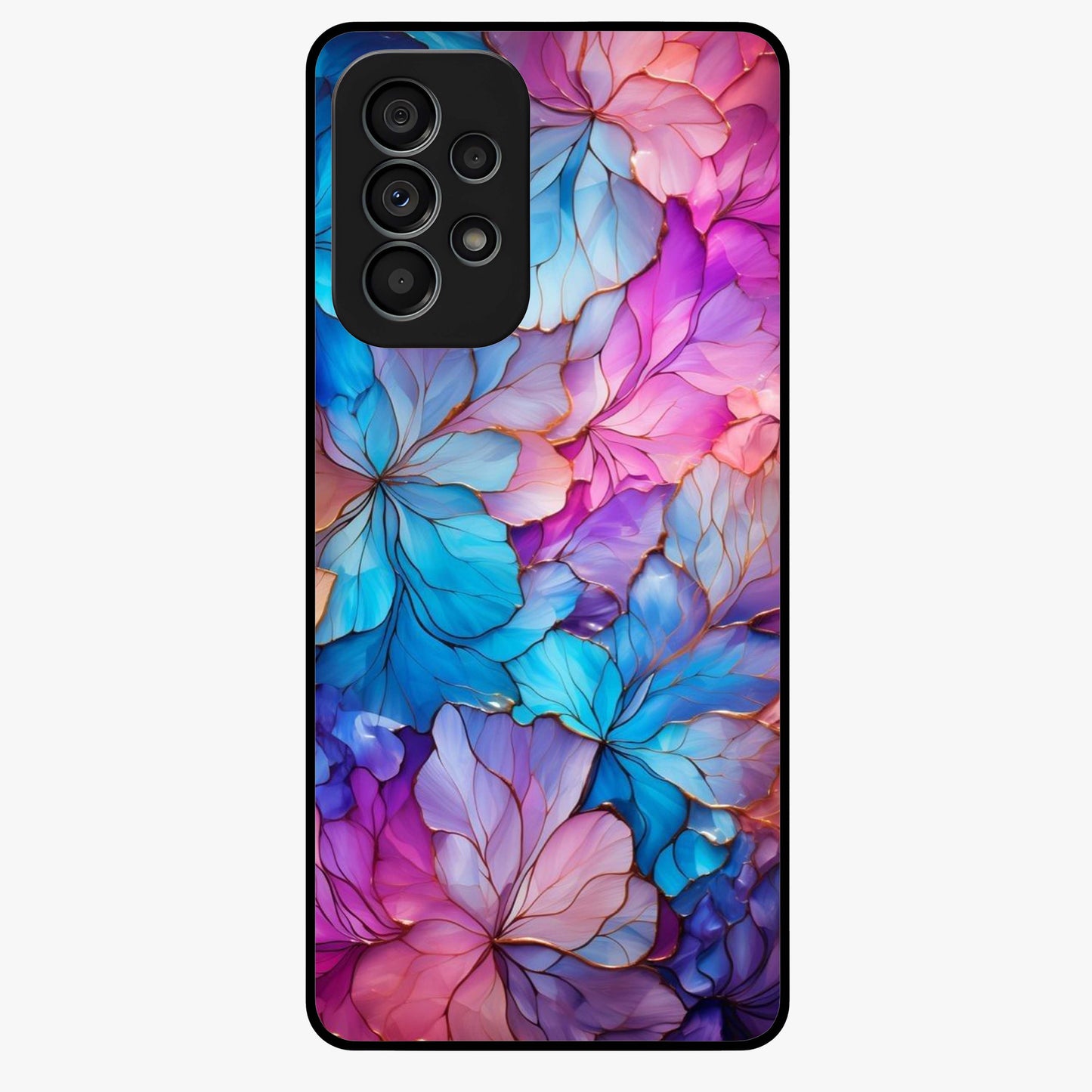 Radiant Floral Whirl Glass Case showing flat back view with swirling floral artwork and glossy glass finish.