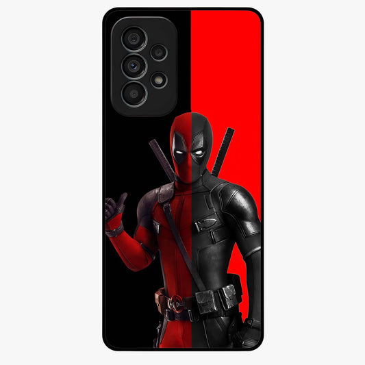 Red & Black Deadpool Theme Glass Case showing flat back view with bold comic inspired artwork and glossy glass finish.