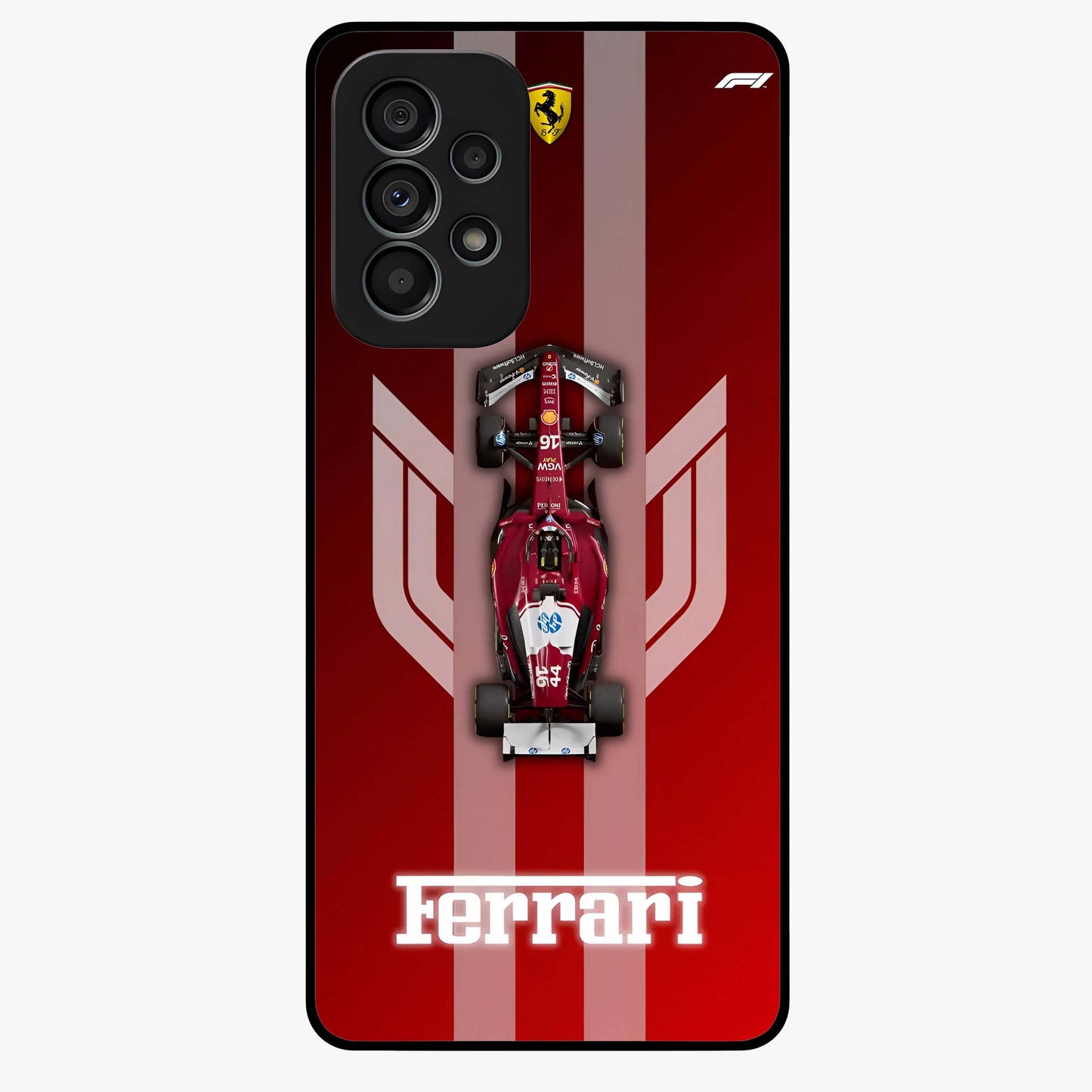 Red Ferrari F1 Vertical Glass Case showing flat back view with sleek Formula racing car artwork and glossy glass finish.