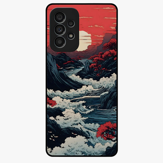 Red Sunset Scenery Glass Case showing flat back view with vibrant sunset landscape artwork and glossy glass finish.