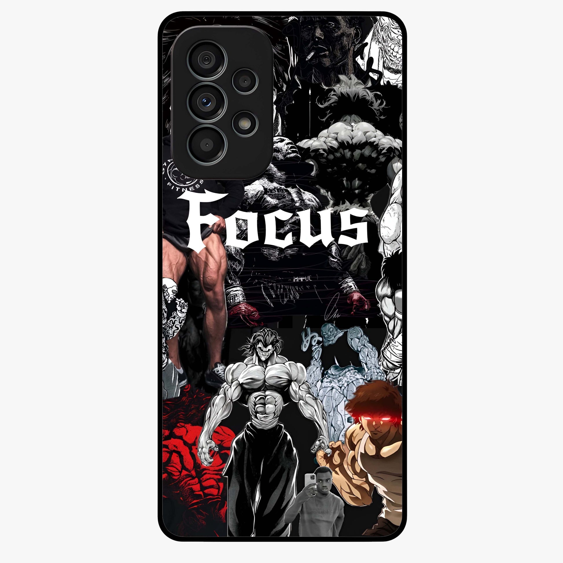 Relentless Power Focus Glass Case showing flat back view with motivational typography artwork and glossy glass finish.