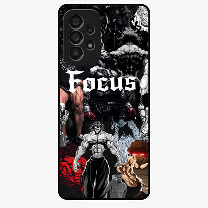 Relentless Power Focus Glass Case showing flat back view with motivational typography artwork and glossy glass finish.
