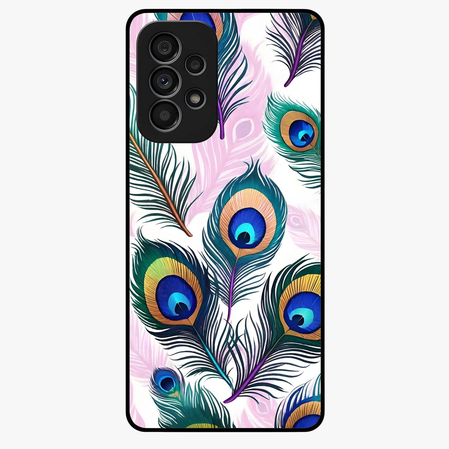 Royal Peacock Feathers Glass Case showing flat back view with colorful peacock feather artwork and glossy glass finish.