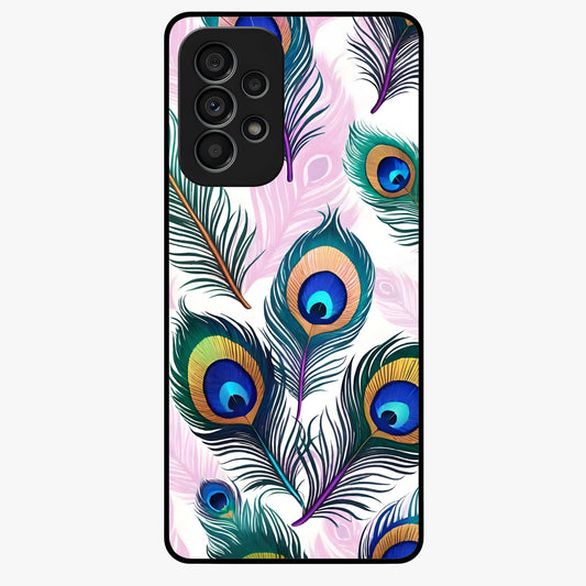 Royal Peacock Feathers Glass Case showing flat back view with colorful peacock feather artwork and glossy glass finish.