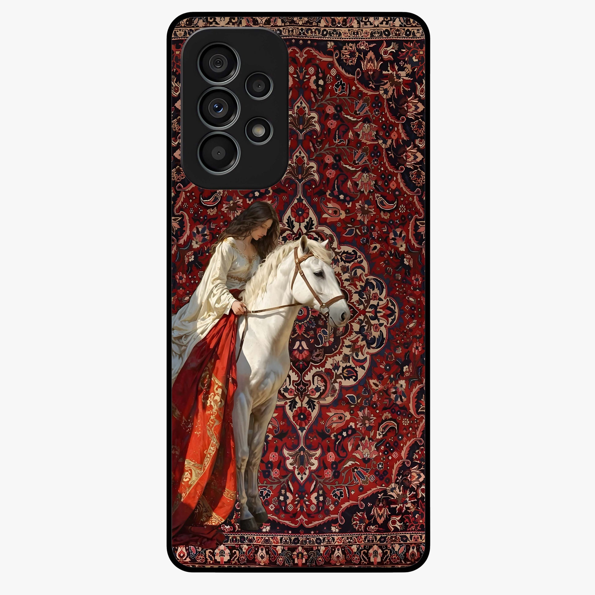 Royal Rider Tapestry Glass Case showing flat back view with majestic horse rider tapestry artwork and glossy glass finish.