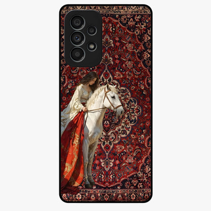 Royal Rider Tapestry Glass Case showing flat back view with majestic horse rider tapestry artwork and glossy glass finish.